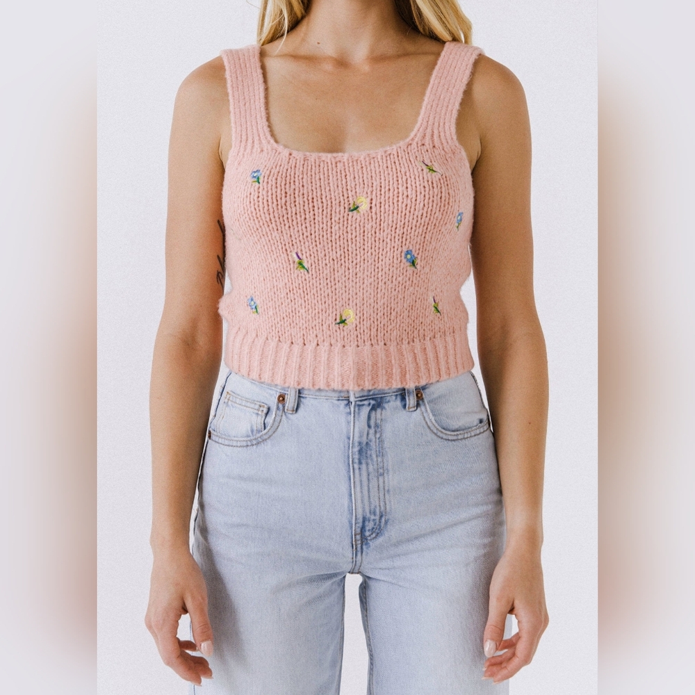 NWT - English Factory Pink Floral Embroidered Knit Tank Top - Size L